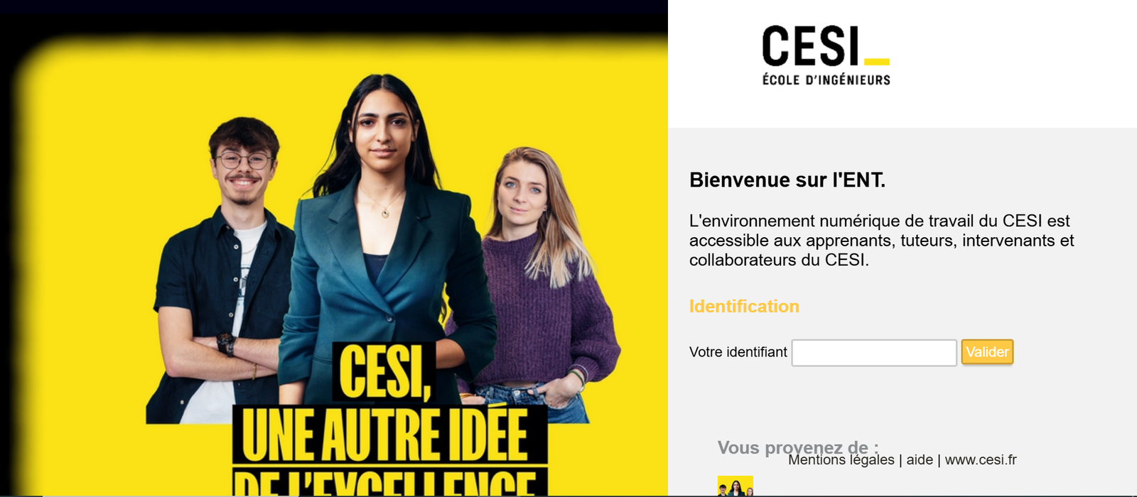 ENT CESI : capture d'écran de la page d'accueil