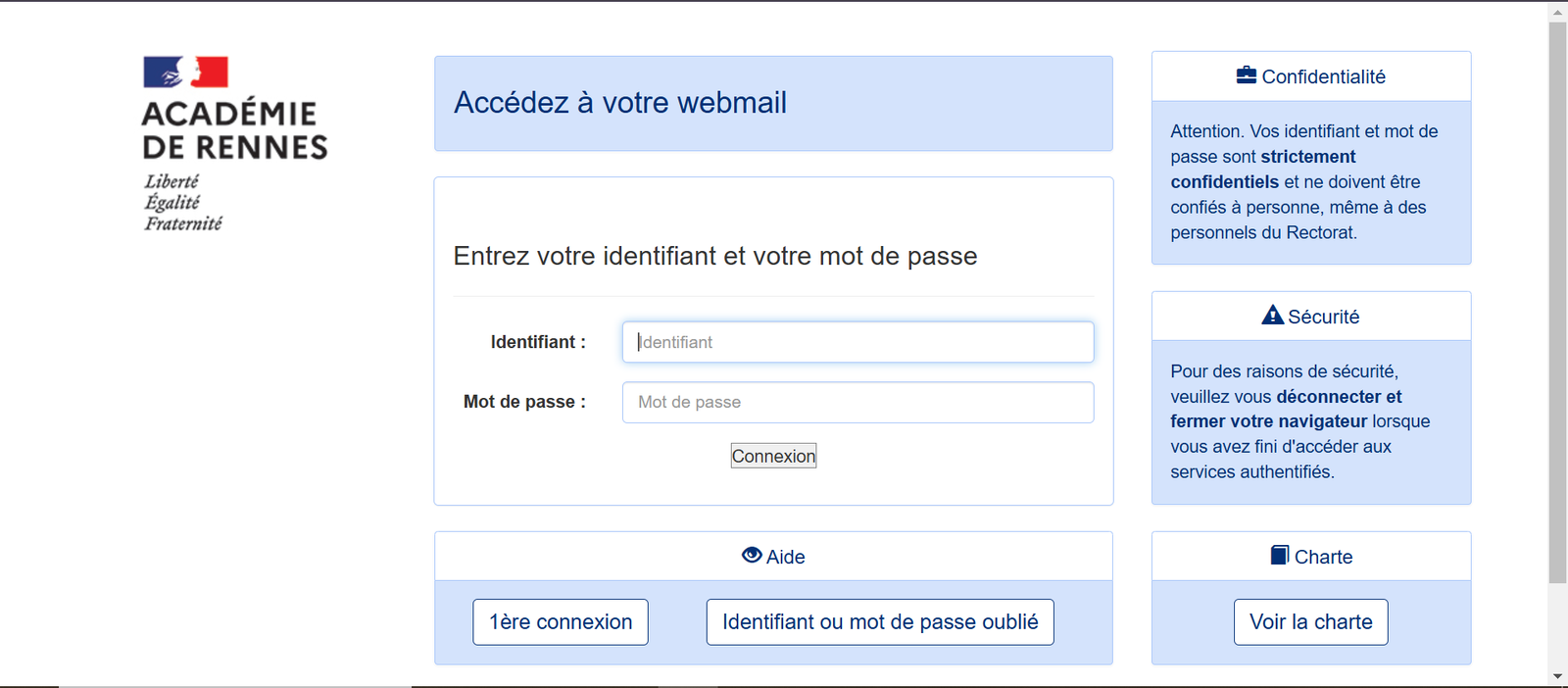 webmail académie rennes : capture d'écran de la page d'accueil