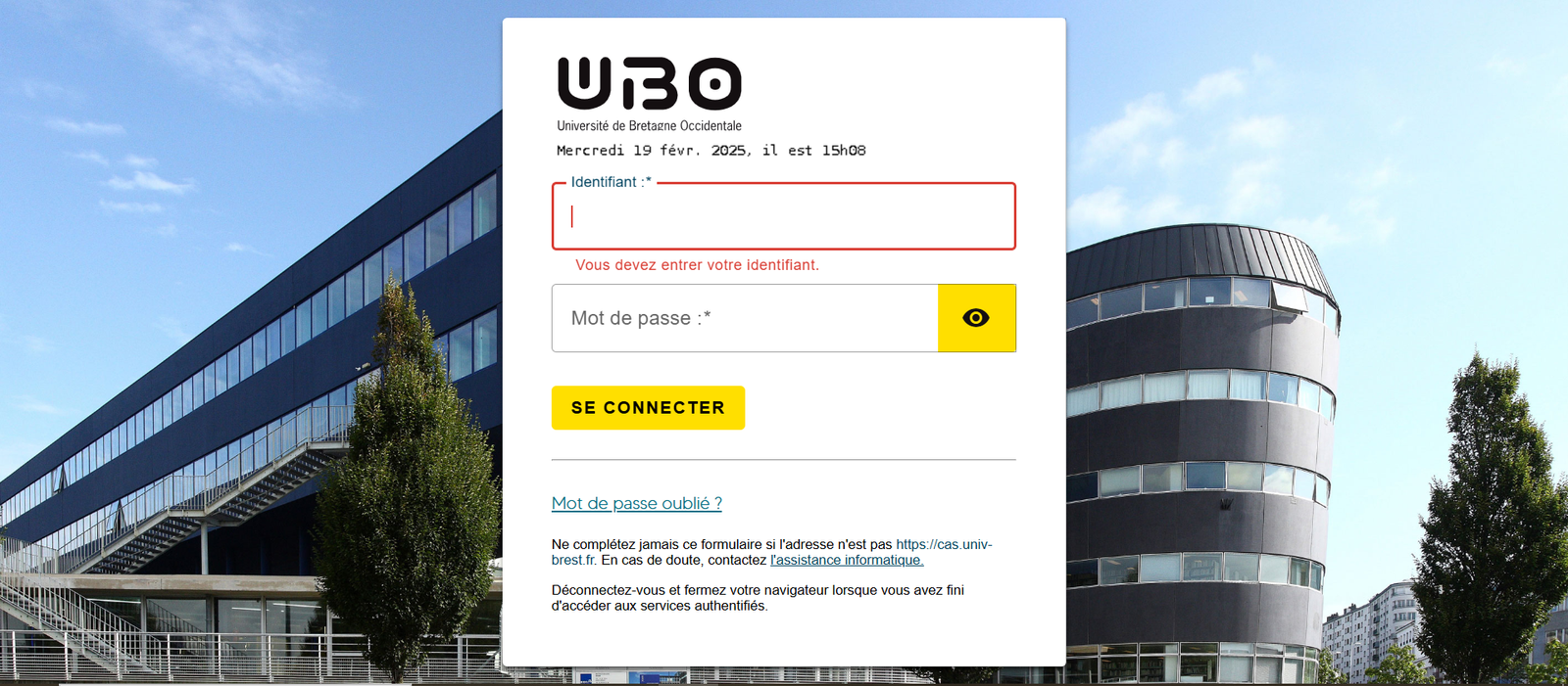 ent ubo : capture d'écran de la page de connexion