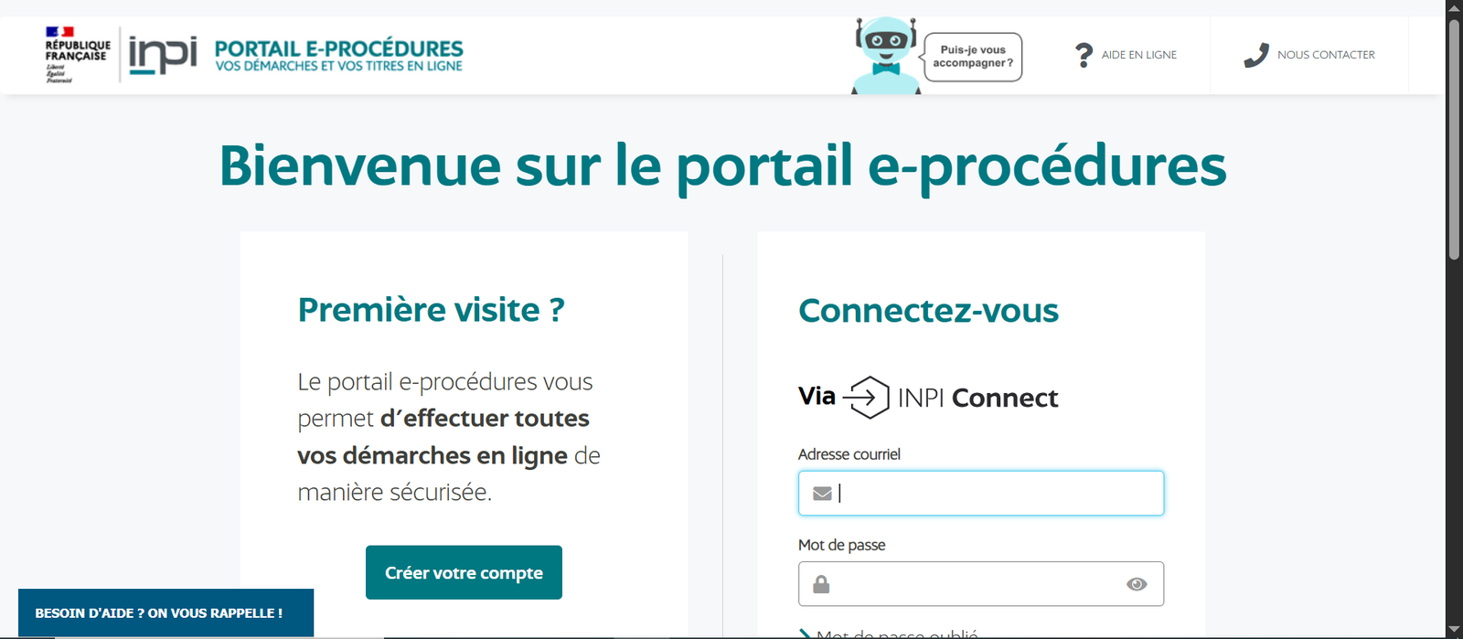 inpi connect : capture d'écran de la page d'accueil