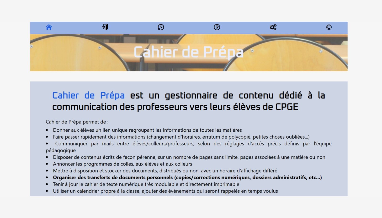 cahier de prépa : capture d'écran de l'interface