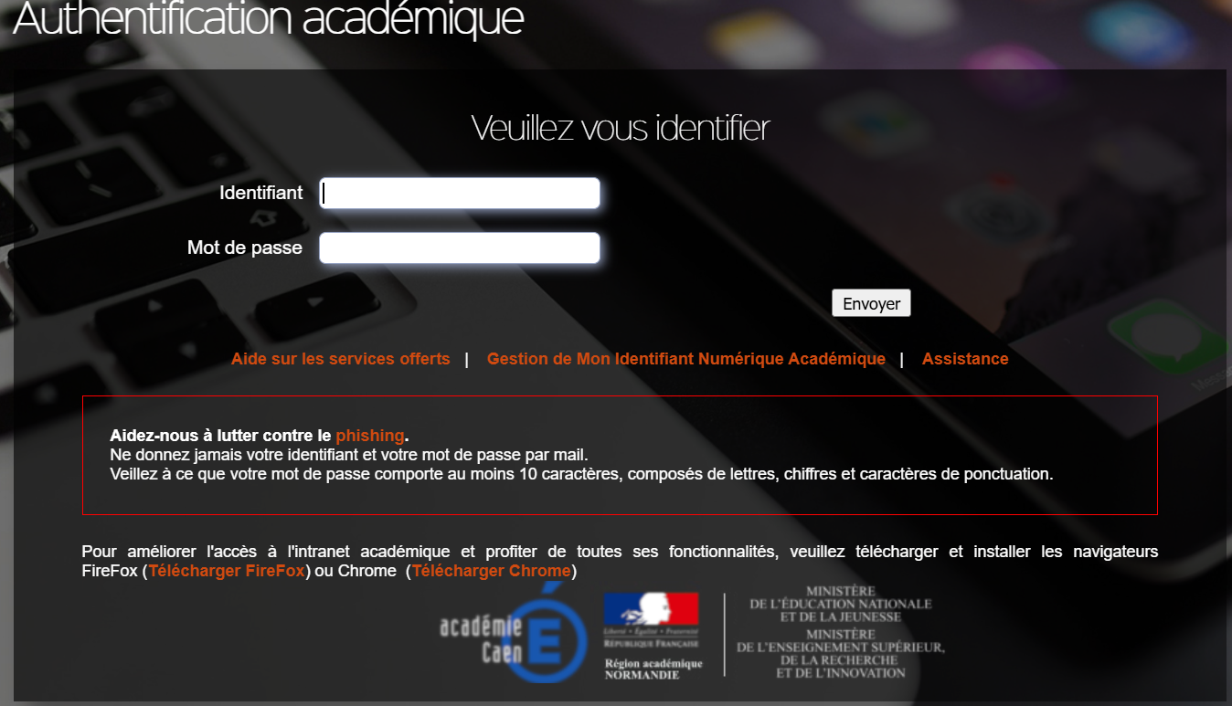 intranet caen : page d'authentification