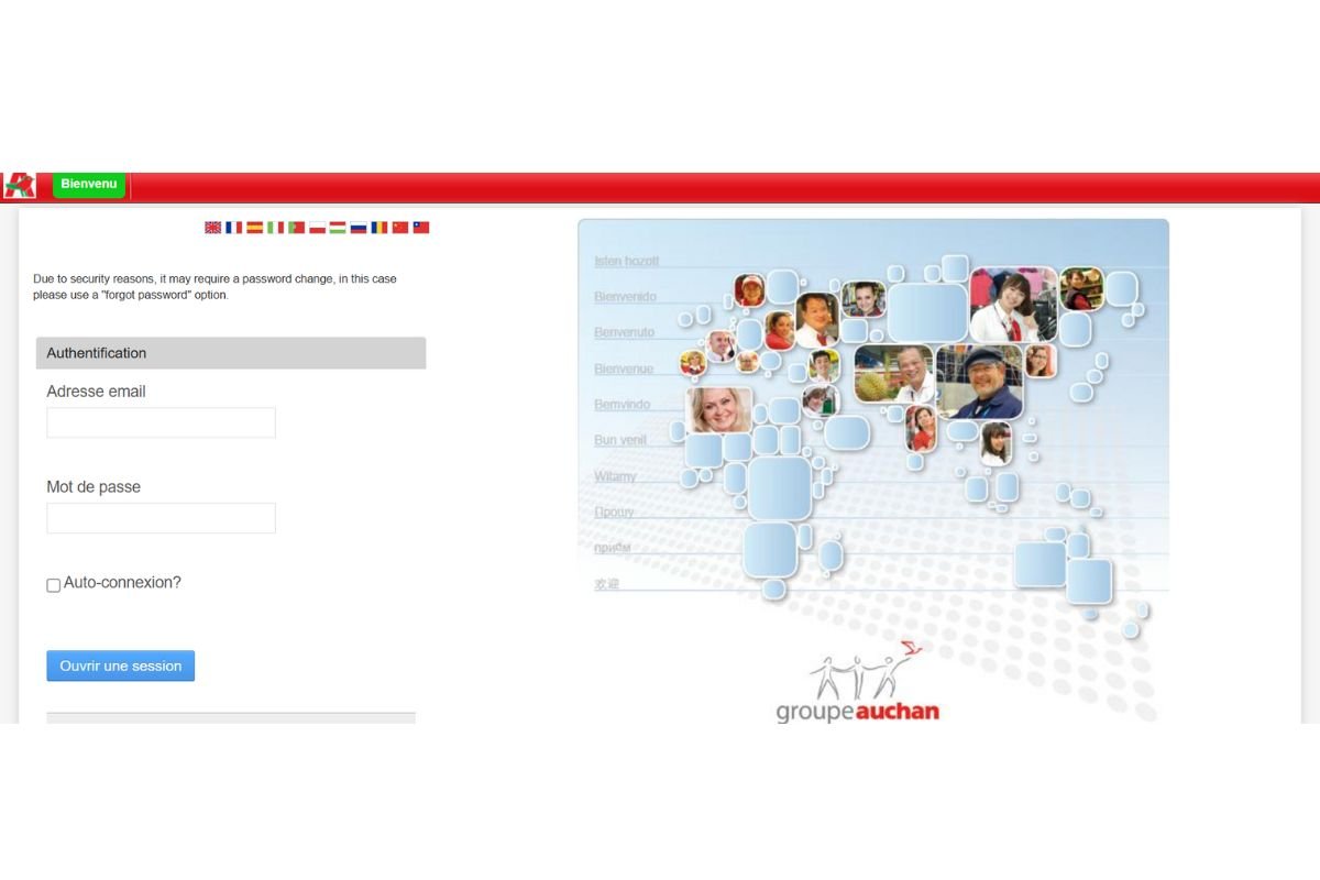 HR4YOU Auchan : page d'accueil de l'espace de connexion