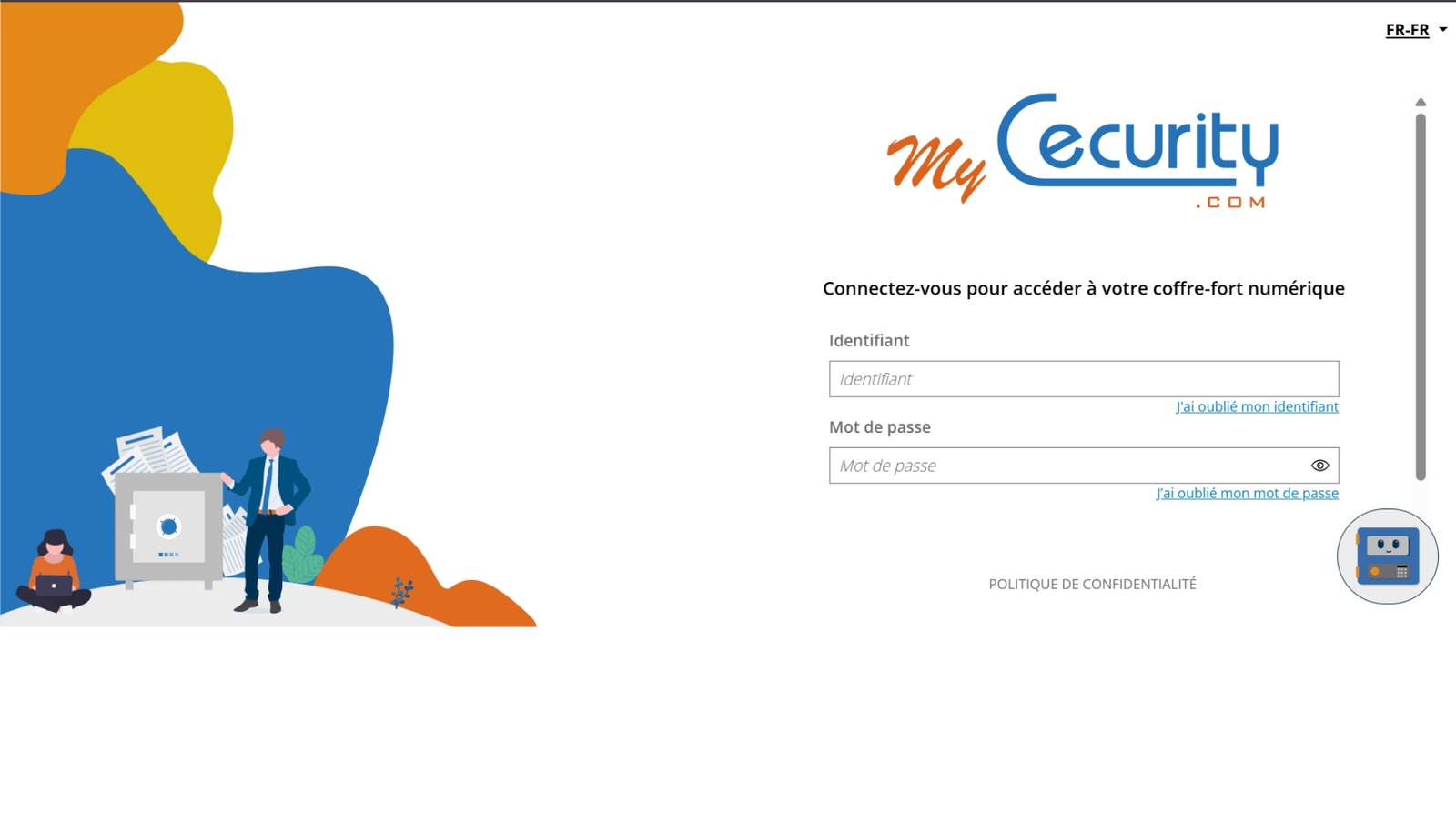 MyCecurity, capture d'écran de la page d'accueil et de connexion