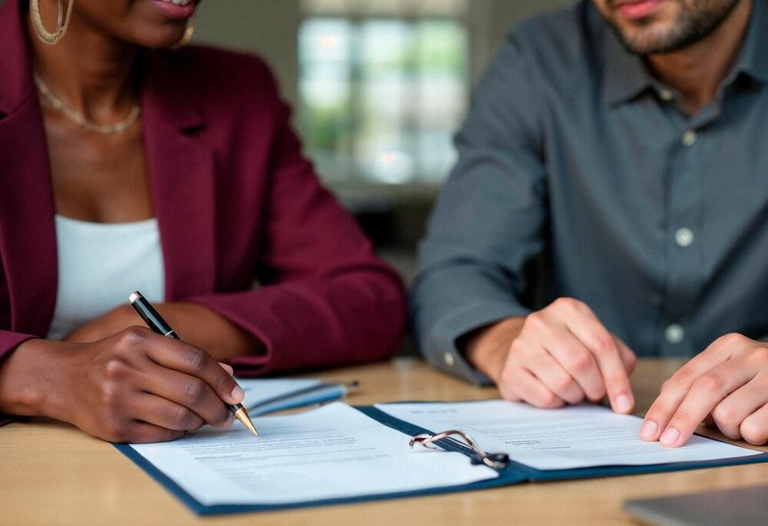 Deux professionnels en réunion tendue autour d'une table de négociation