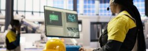 Technicien installant un capteur industriel sur une machine-outil
