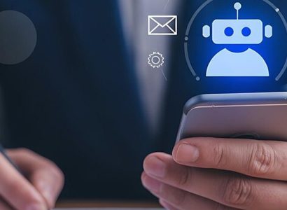 Illustration conceptuelle d'un chatbot IA avec des icônes de cadenas et de documents juridiques flottants